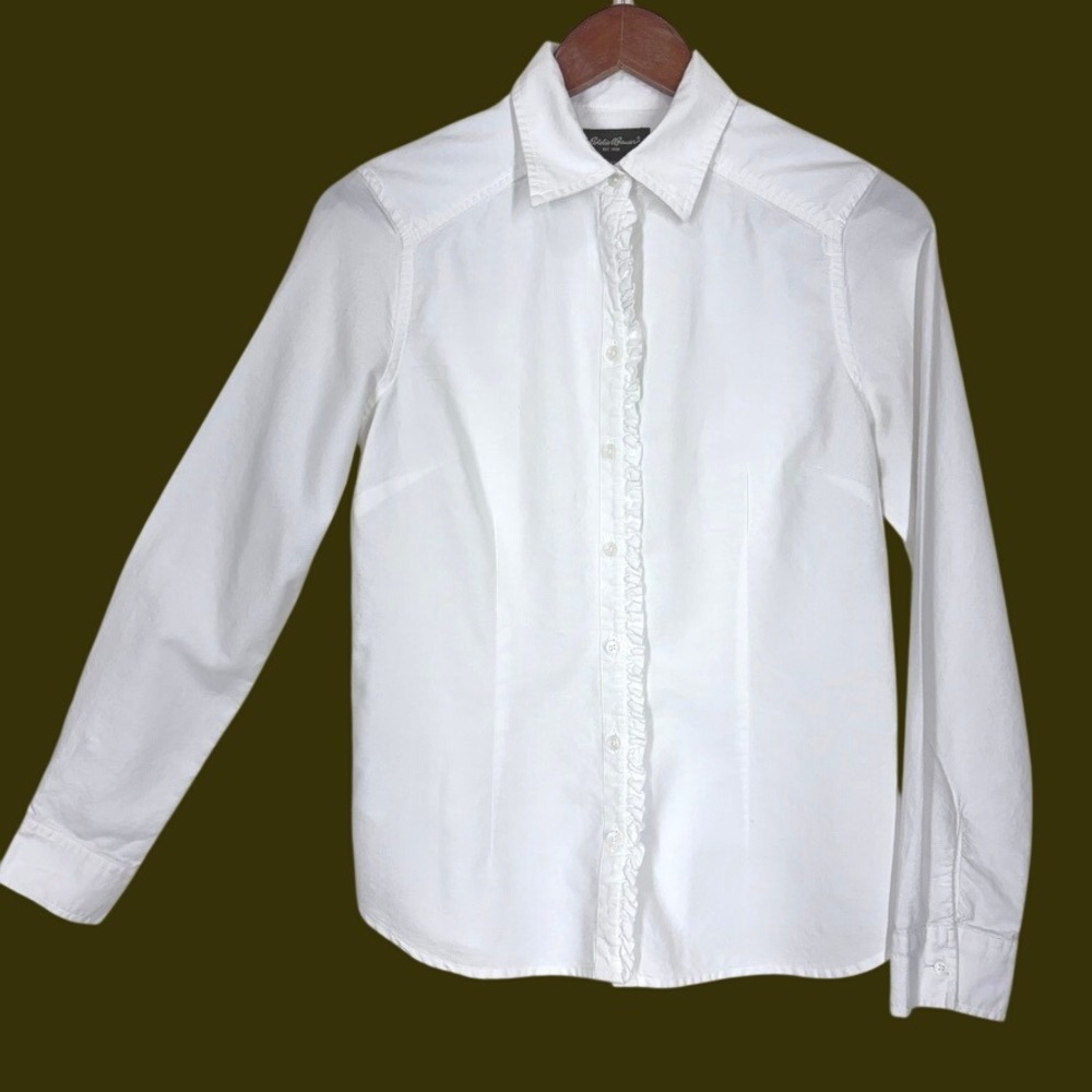 Eddie Bauer Womens Button Front Ruffle Shirt S White Long Sleeve Cotton Blouse